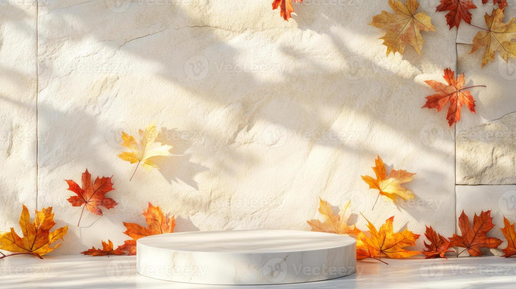 Showcase your exquisite products on this elegant podium framed by autumn leaves, against a charming beige stone wallideal for seasonal promotions and innovative marketing strategies photo
