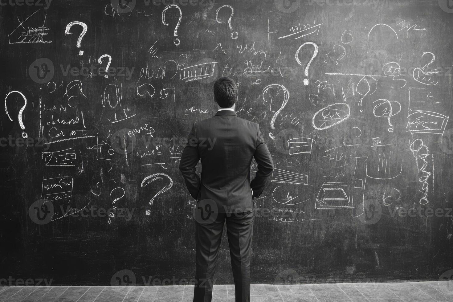 A man stands before a chalkboard filled with question marks and ideas, representing the challenges of creating a business plan amid uncertainty, highlighting the complexities of entrepreneurship photo
