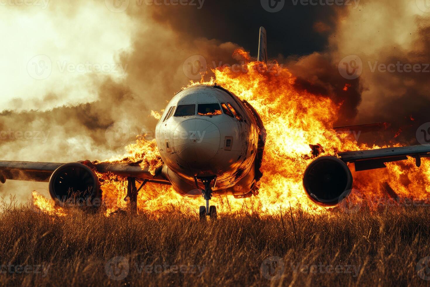 An intense and dramatic scene vividly depicting an airplane crash, completely engulfed in fierce flames and thick smoke, highlighting the utter chaos and turmoil of a catastrophic aviation disaster photo