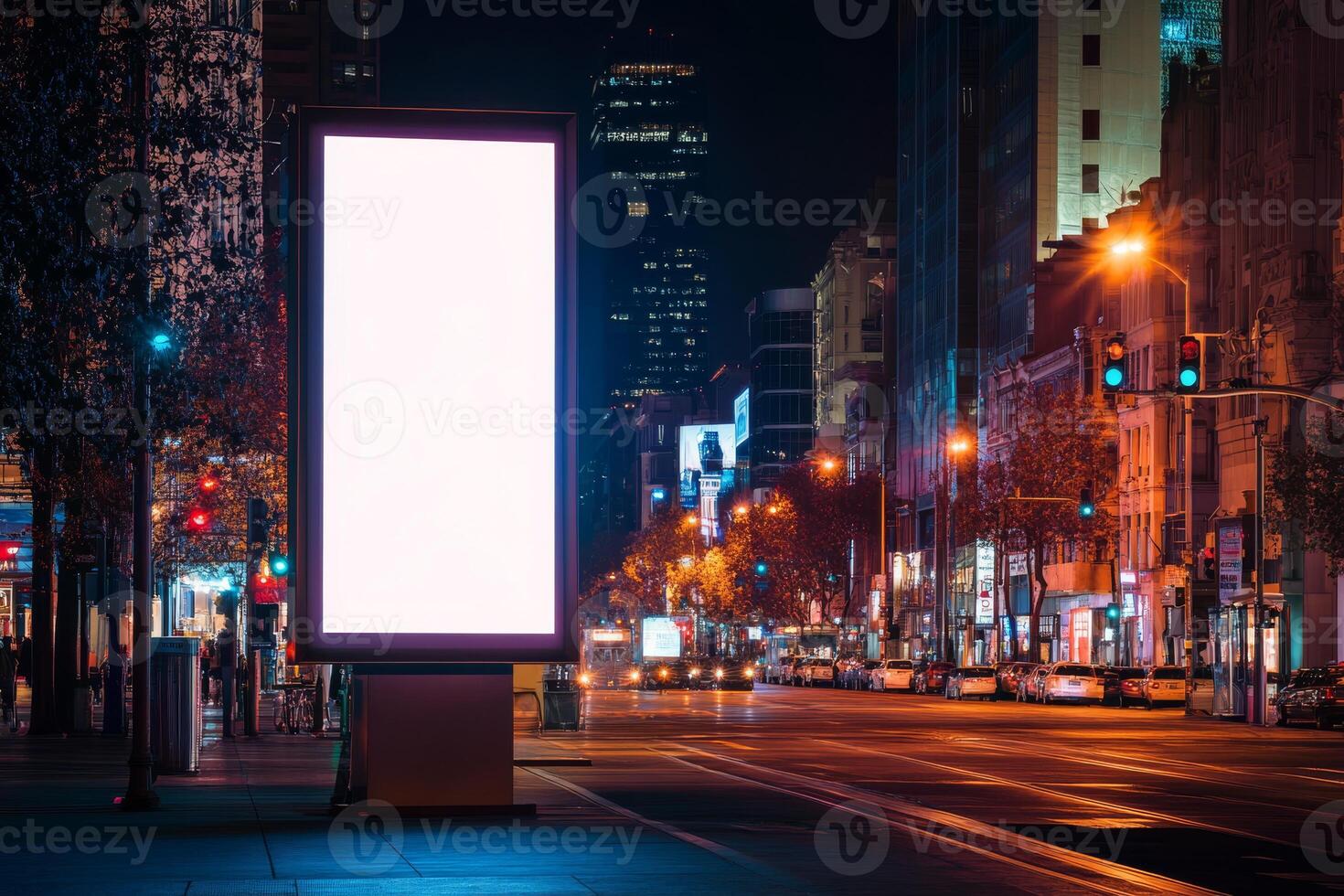 A large blank billboard stands out in a vibrant urban night, surrounded by glowing buildings and street lights, offering a prime spot for creative advertisements in this bustling city photo