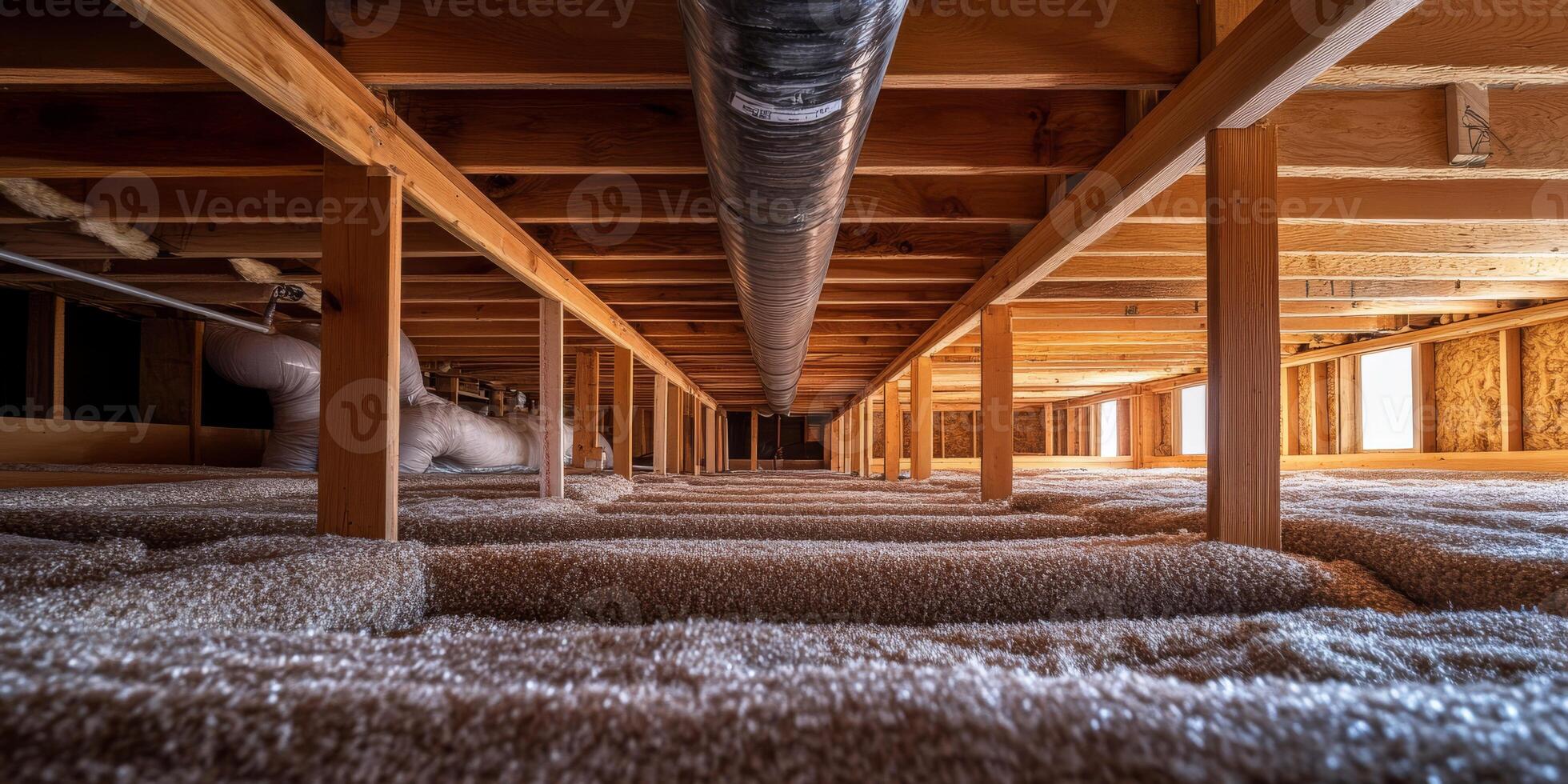 Take a closer look at a meticulously organized and wellstructured basement crawl space, featuring essential plumbing systems, quality insulation, and sturdy wooden beams for support and stability photo
