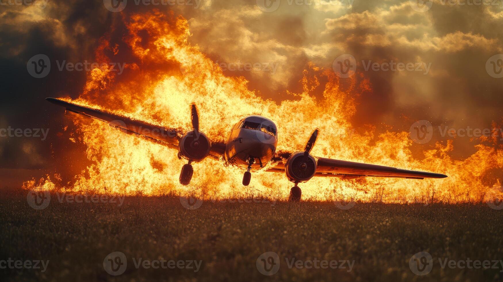 A powerful image of a devastating aircraft crash engulfed in flames and smoke, set in an open field, showcasing the intensity and tragic aftermath of unexpected aviation disasters photo