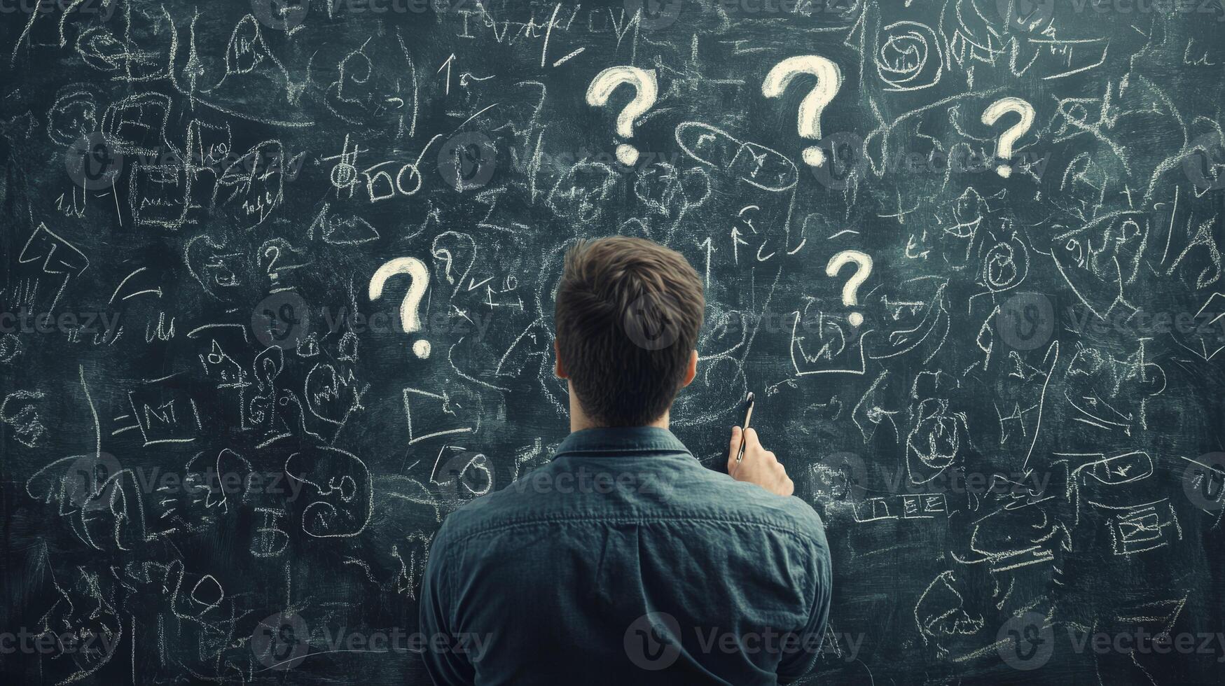 A man reflects on his complex business plan, encountering various questions and challenges illustrated on a messy blackboard filled with scribbles and uncertainty about his ideas and goals photo