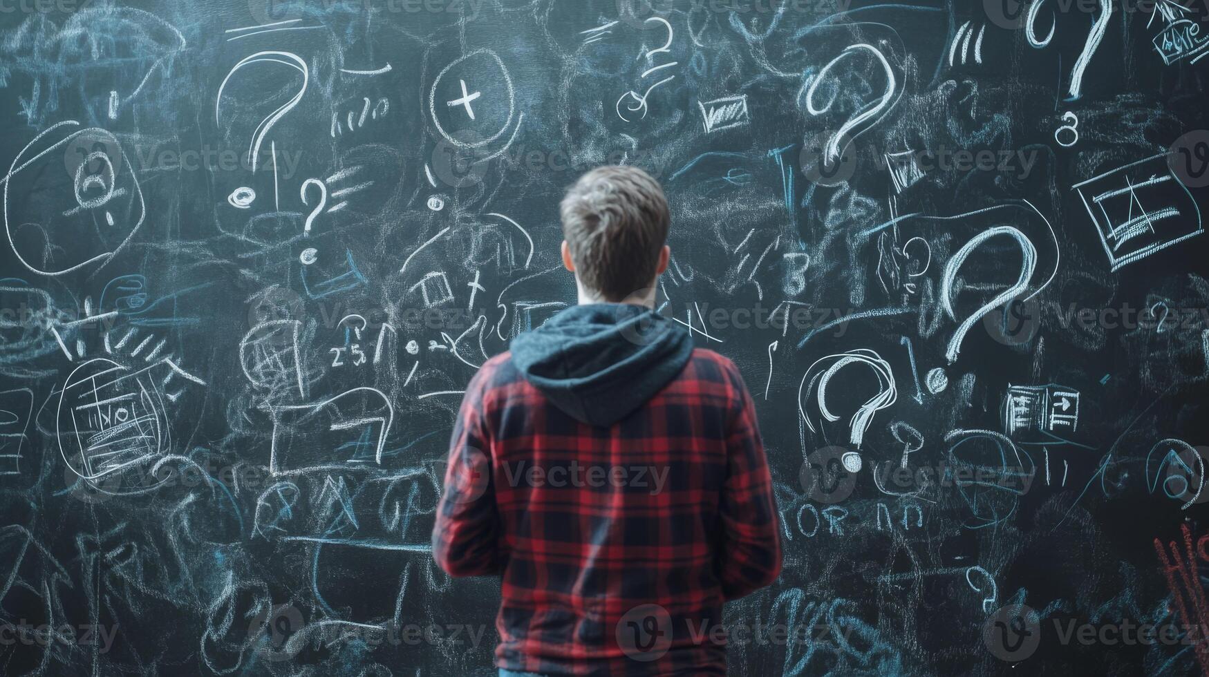 A determined man reviews his complex business plan on a blackboard filled with questions and ideas, showcasing the challenges of innovation and problemsolving in entrepreneurship photo