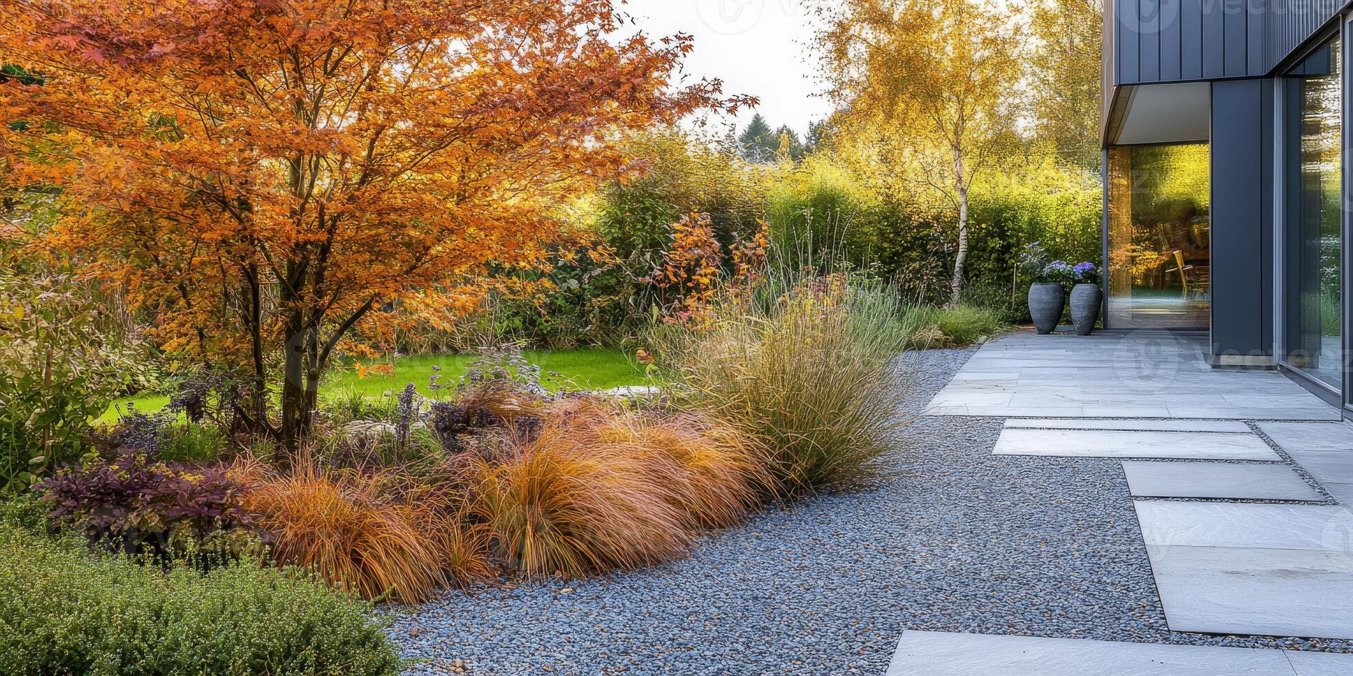 A tranquil UK garden showcasing impressive hard landscaping and stunning autumn foliage, featuring elegant retreats and naturalistic plant designs that blend harmoniously with the environment photo
