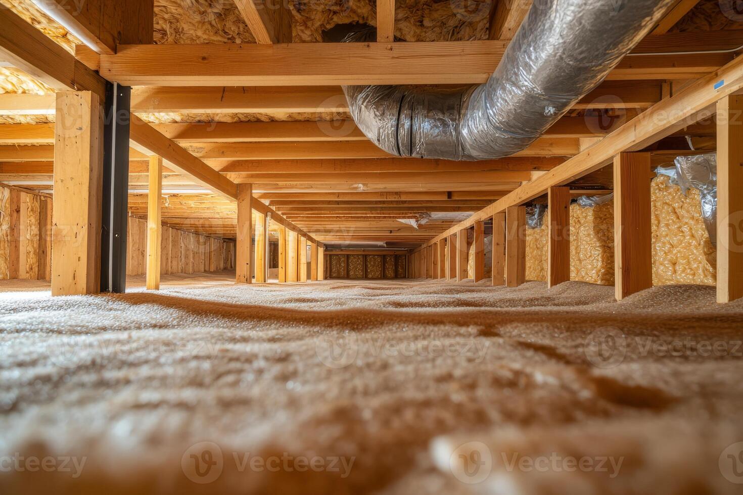 An intricate view showcasing beams, insulation, and plumbing within a crawl space, which highlights the essential structures and utility systems crucial to the overall design of home architecture photo