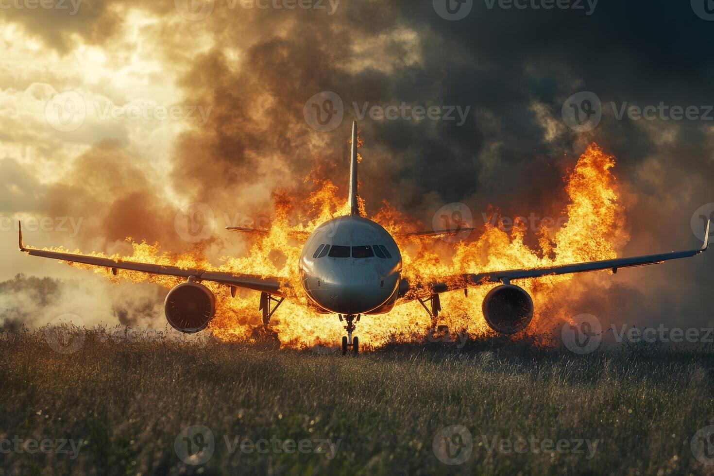 An aircraft experiences catastrophic failure during an emergency landing, engulfed in flames and smoke. Chaos ensues, leaving devastation and sorrow as many process the aftermath of this tragedy photo