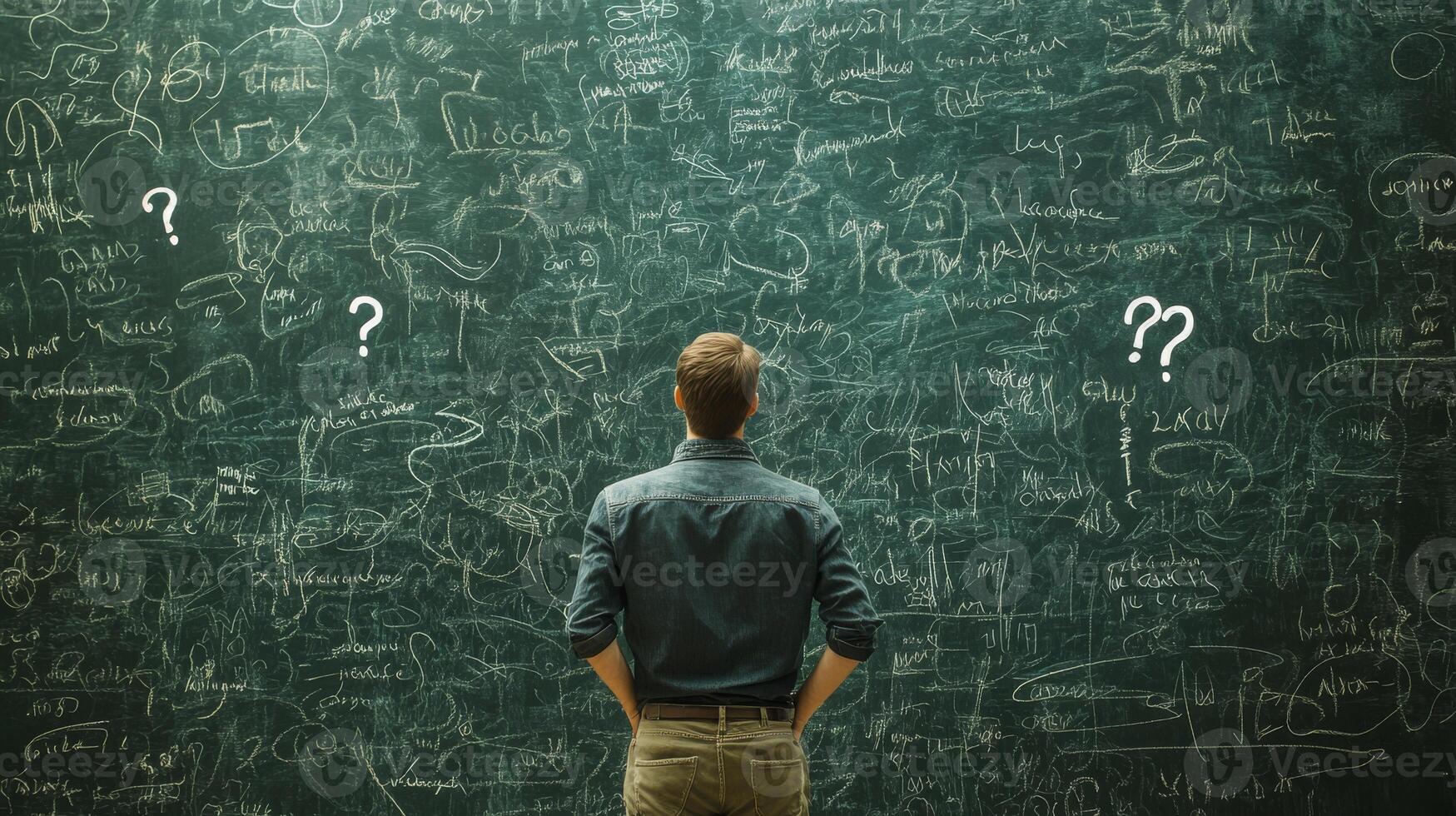 A man stands deep in thought, contemplating a blackboard intricately covered with complex scribbles and detailed diagrams as he carefully examines his evolving business strategy and future direction photo