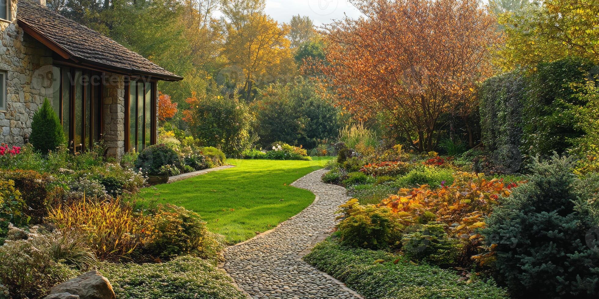 In a tranquil UK garden with a naturalistic design, visitors can enjoy vibrant autumn colors and thoughtfully arranged hard landscaping that complements a cozy nearby retreat house photo