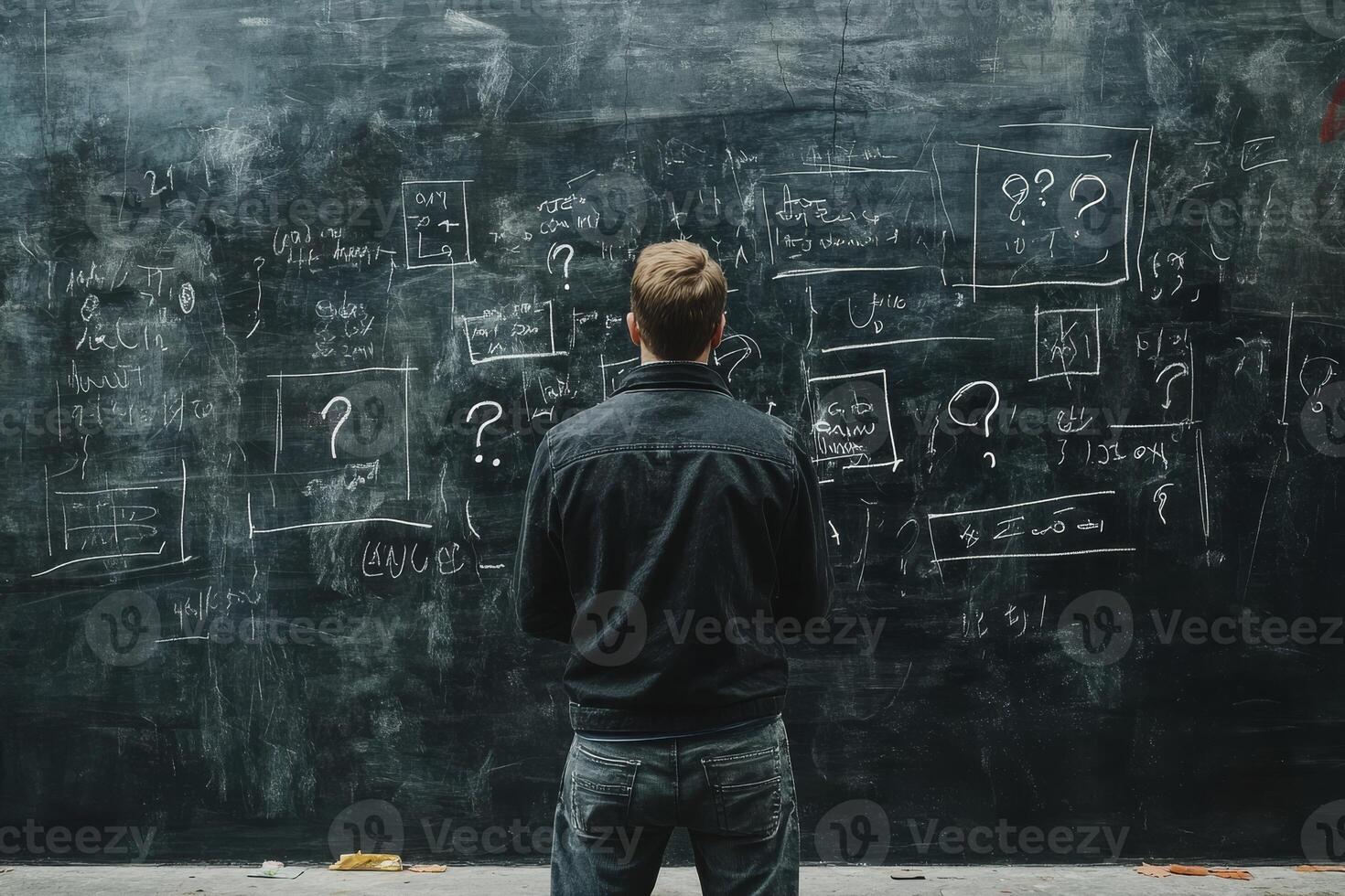 A man stands before a large blackboard that is completely filled with question marks and various scribbles, deep in thought as he diligently crafts his detailed business plan and ideas for the future photo