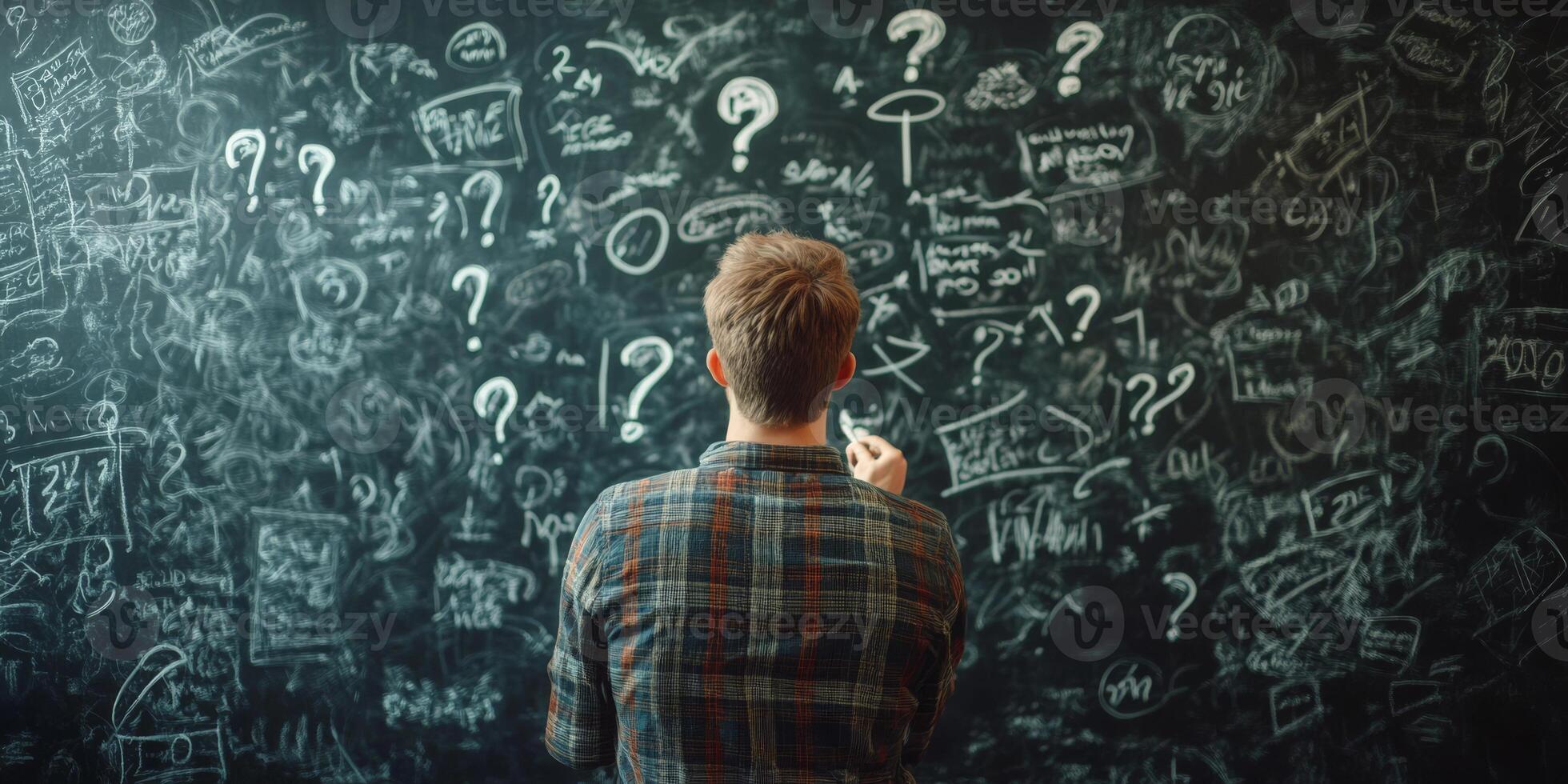 A man faces a chaotic blackboard filled with question marks and scribbles, symbolizing his struggle to clarify and effectively unravel the complexities of his intricate business plan photo