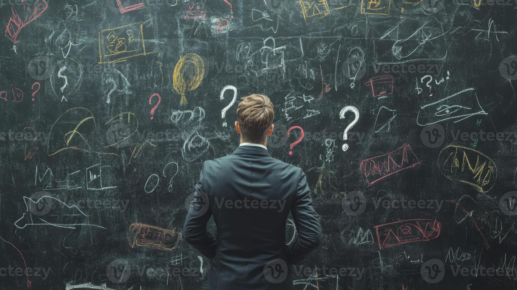 A man stands before a blackboard covered in question marks and scribbles, symbolizing the complexities he faces while refining his business plan and seeking clarity amid confusion photo