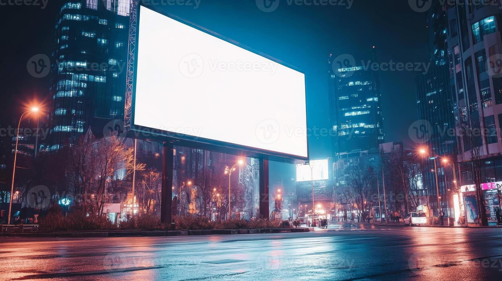 A blank billboard stands in a vibrant, illuminated city at night, waiting for future advertisements and serving as a canvas for upcoming promotions in this bustling urban landscape photo