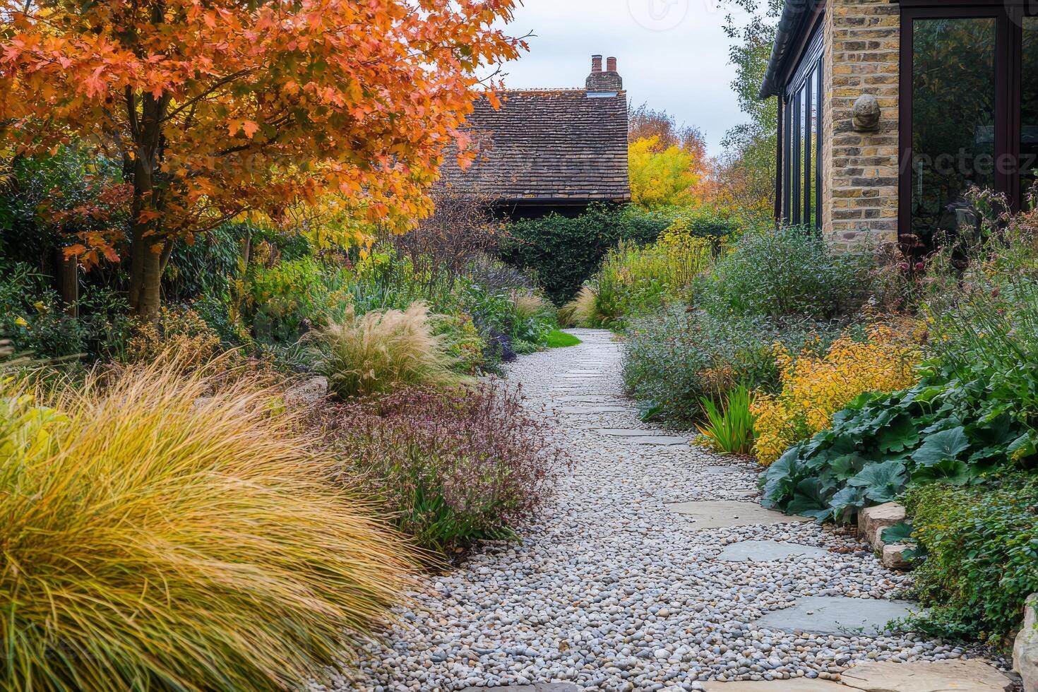 Enjoy a peaceful stroll through a picturesque UK garden in autumn, featuring a charming gravel path, vibrant foliage, and exquisite landscaping that captivates and inspires admiration photo
