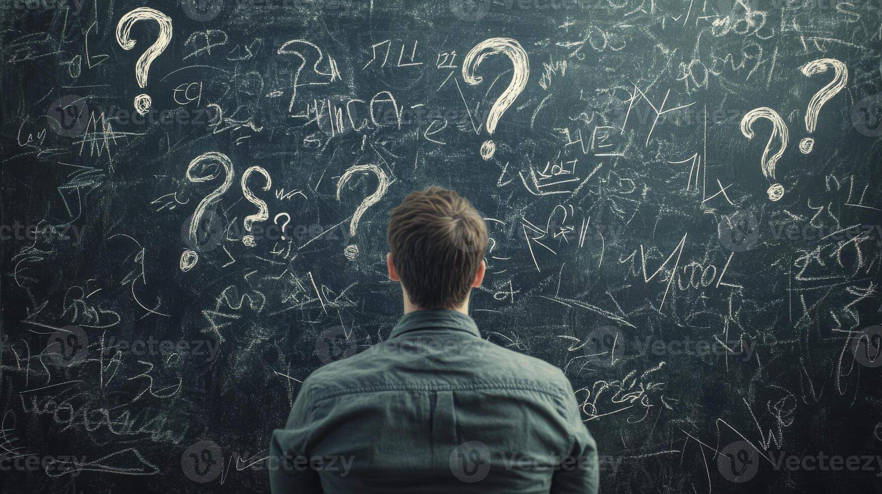 A determined man stands before a large blackboard that is completely filled with a myriad of questions and scribbles, deeply contemplating the essential elements necessary for his business strategy photo