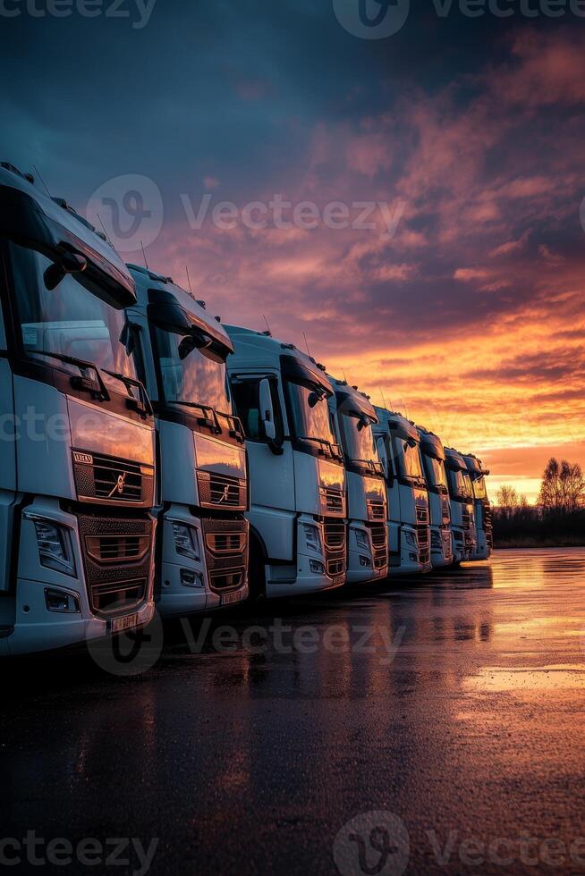 In the early morning light, a fleet of brightly lit trucks is positioned for crucial cargo transport and logistics, ensuring efficiency and timely deliveries across various routes photo