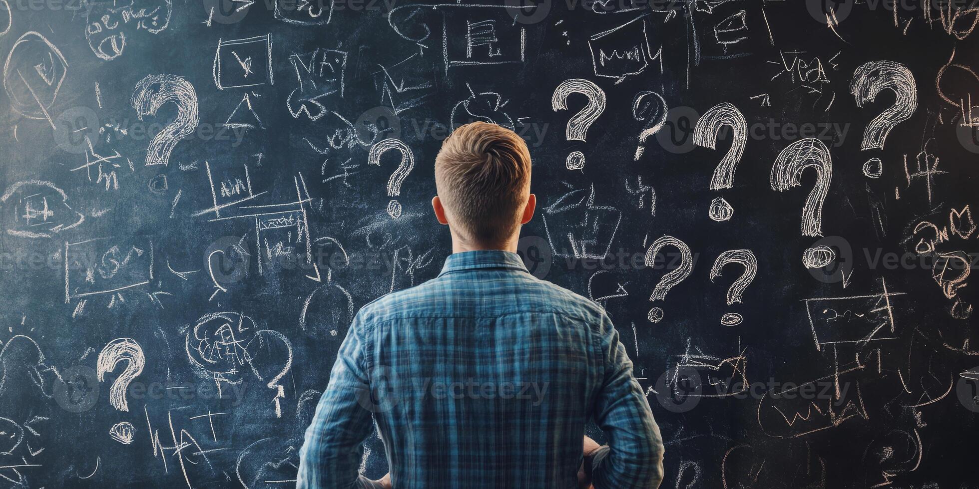 A man thoughtfully stands before a chalkboard filled with question marks and scribbles, contemplating his business plan and various strategies for achieving success in his entrepreneurial journey photo