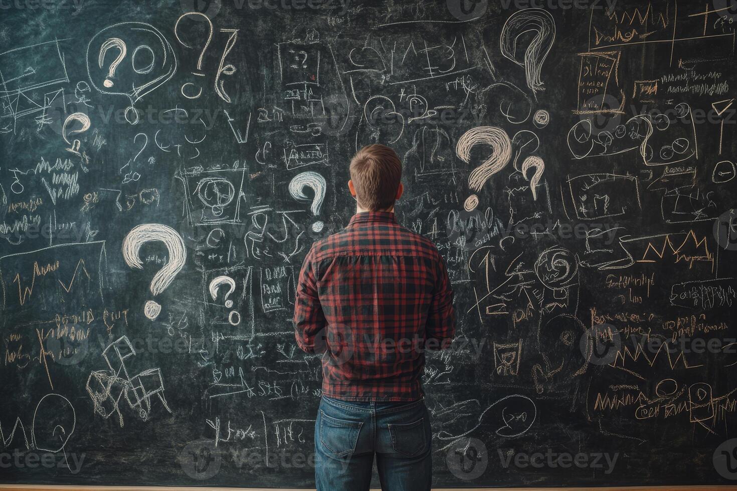 A focused man stands before a large blackboard that is completely filled with numerous questions and intriguing ideas, reflecting deeply on his business plan amidst the chaotic scribbles of thoughts photo