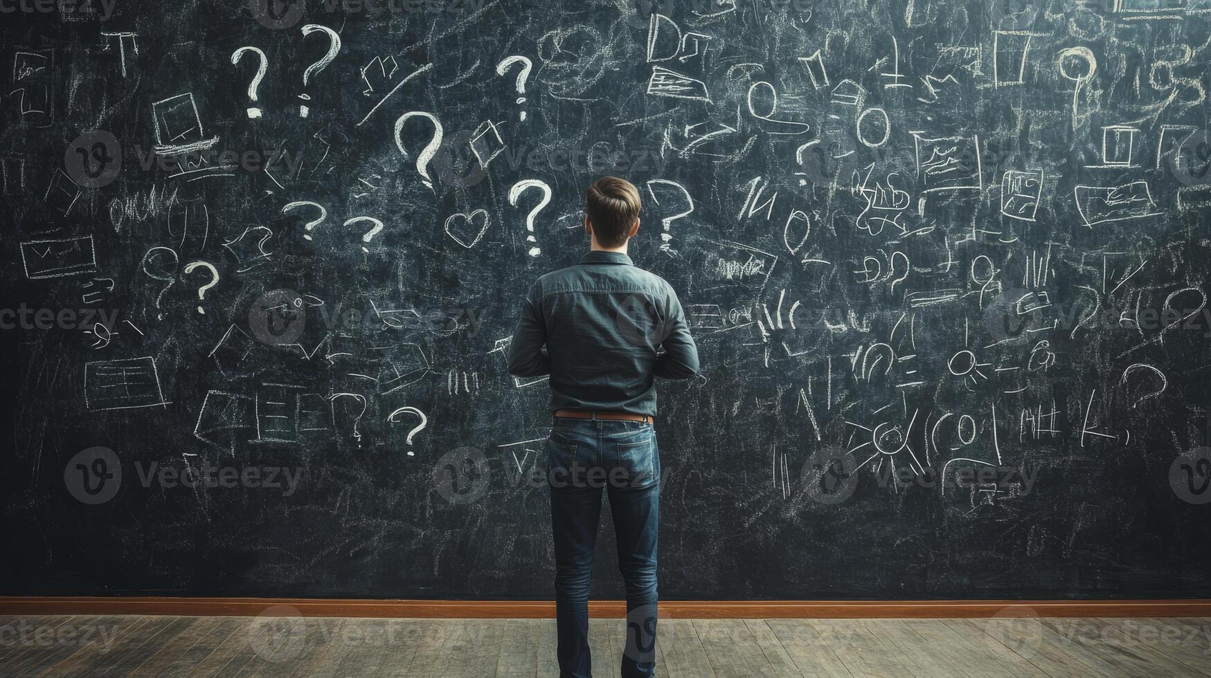 A man, immersed in thought about his business plan, is surrounded by chaotic scribbles and question marks on a blackboard, reflecting the complexities and challenges of entrepreneurship photo