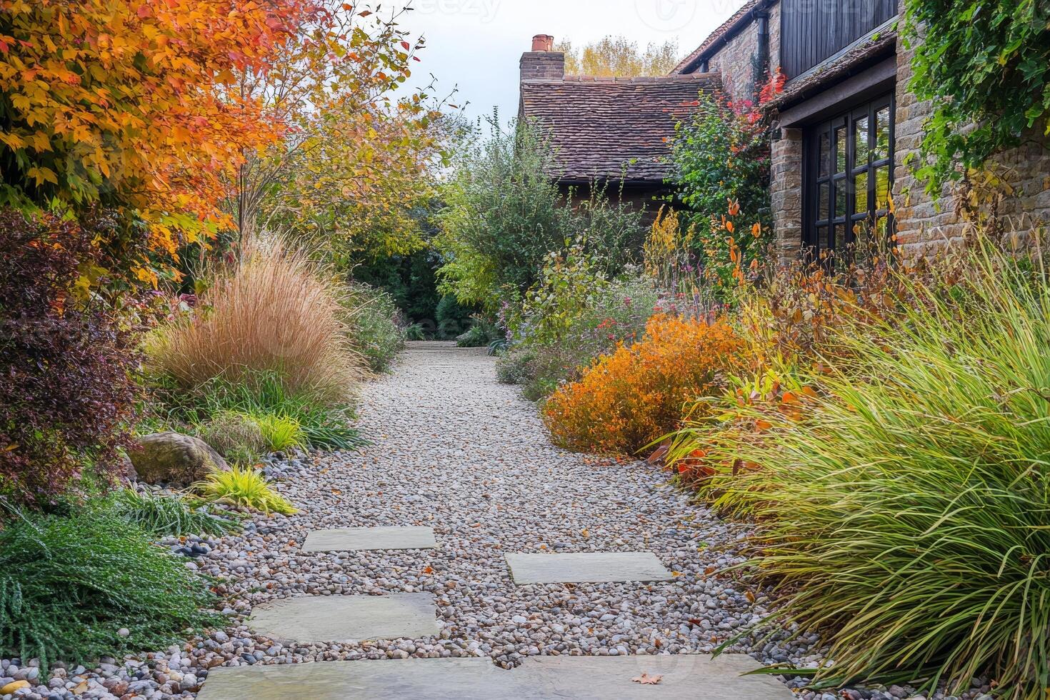 In this serene UK garden, hard landscaping is beautifully complemented by vibrant autumn colors. A charming pebbled path and diverse ornamental grasses enhance the natural beauty of the setting photo