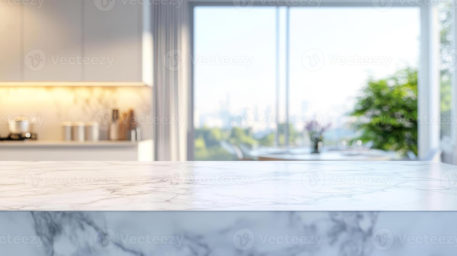 This stunning contemporary kitchen features a sleek marble countertop and inviting lighting, set against a blurred backdrop of lush greenery, perfect for modern living and effortless cooking photo