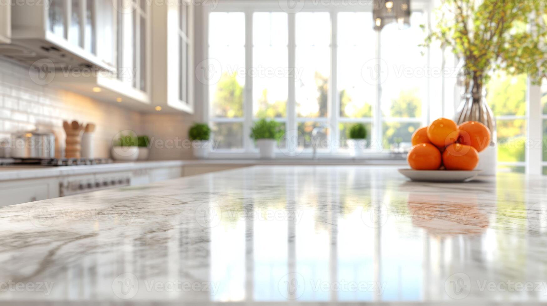 This stylish kitchen features a stunning marble bench, a bright and vibrant ambiance, and a bowl filled with fresh oranges, all contributing to a warm and inviting atmosphere that feels refreshing photo