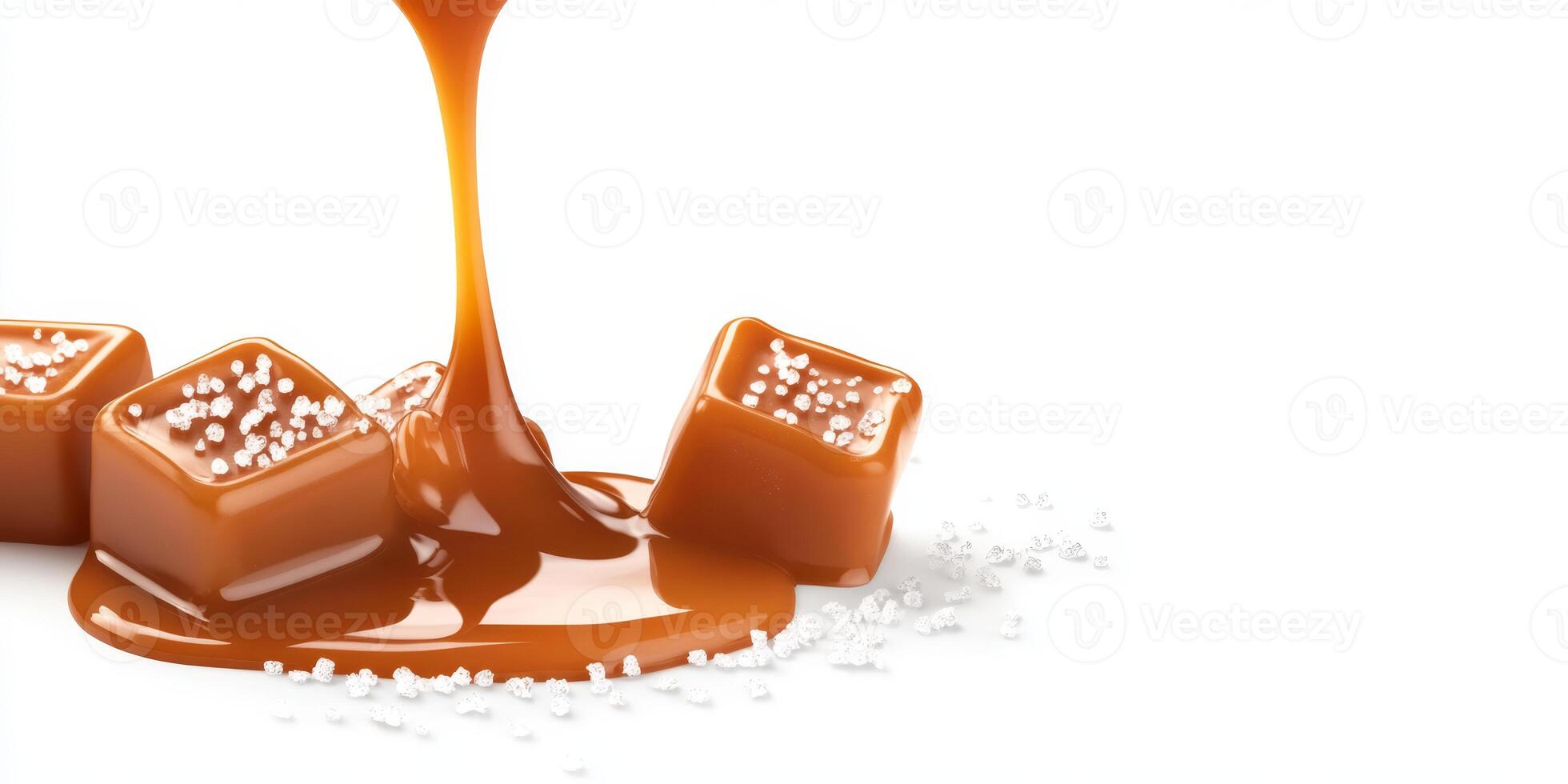 Indulge in chewy salted caramel candies, topped with sparkling salt and rich syrup. Perfect for dessert or a quick snack, their delightful flavor and texture make them utterly irresistible photo