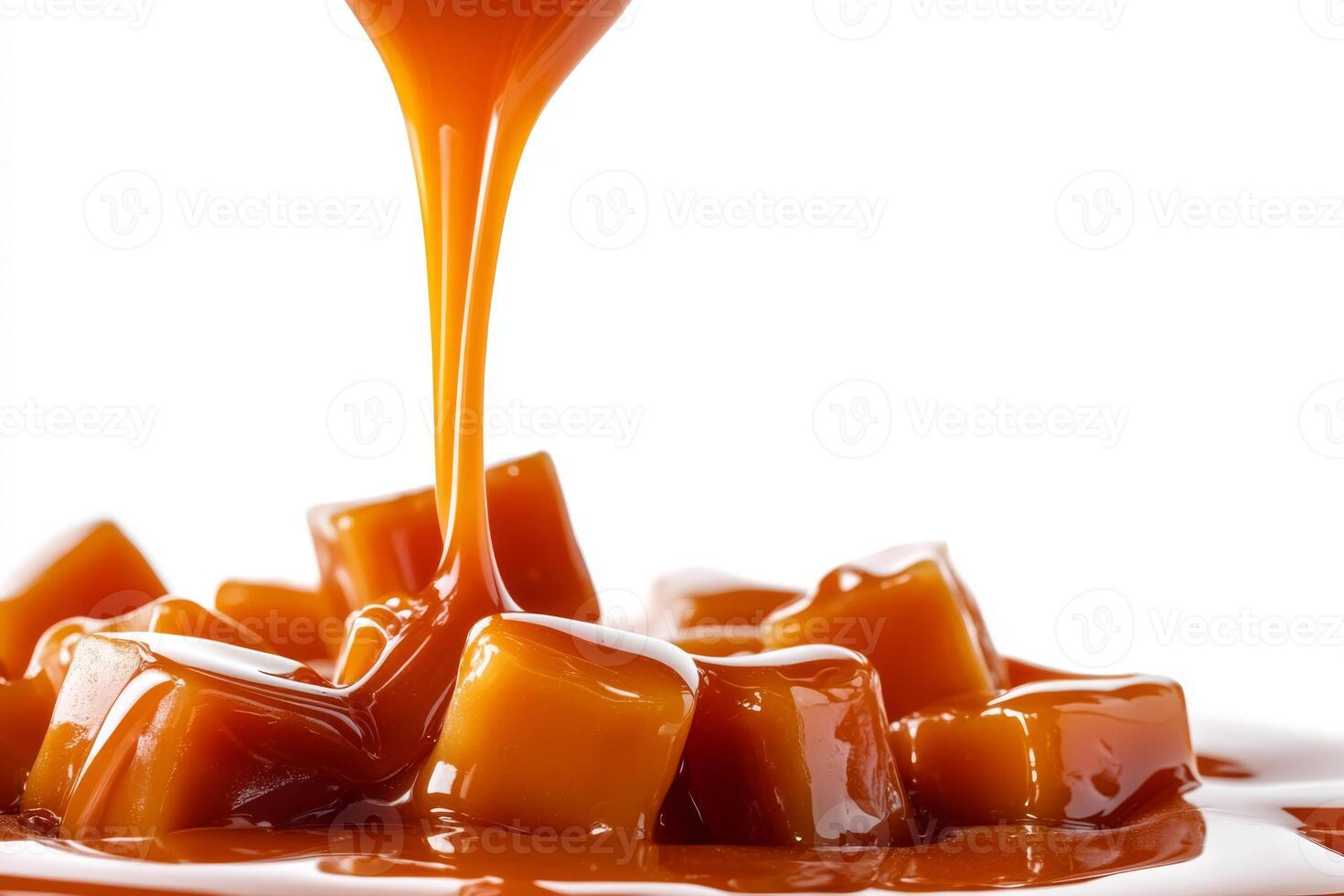 Caramel sauce drips over soft, chewy cubes on a white background, enhancing their beauty and allure photo