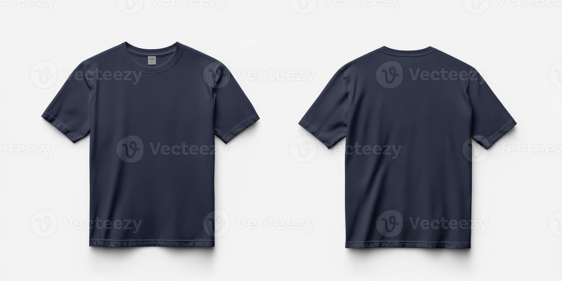 This realistic mockup features a simple and plain navy blue tshirt template that showcases both the front and back views of the shirt, making it ideal for various casual fashion design purposes photo