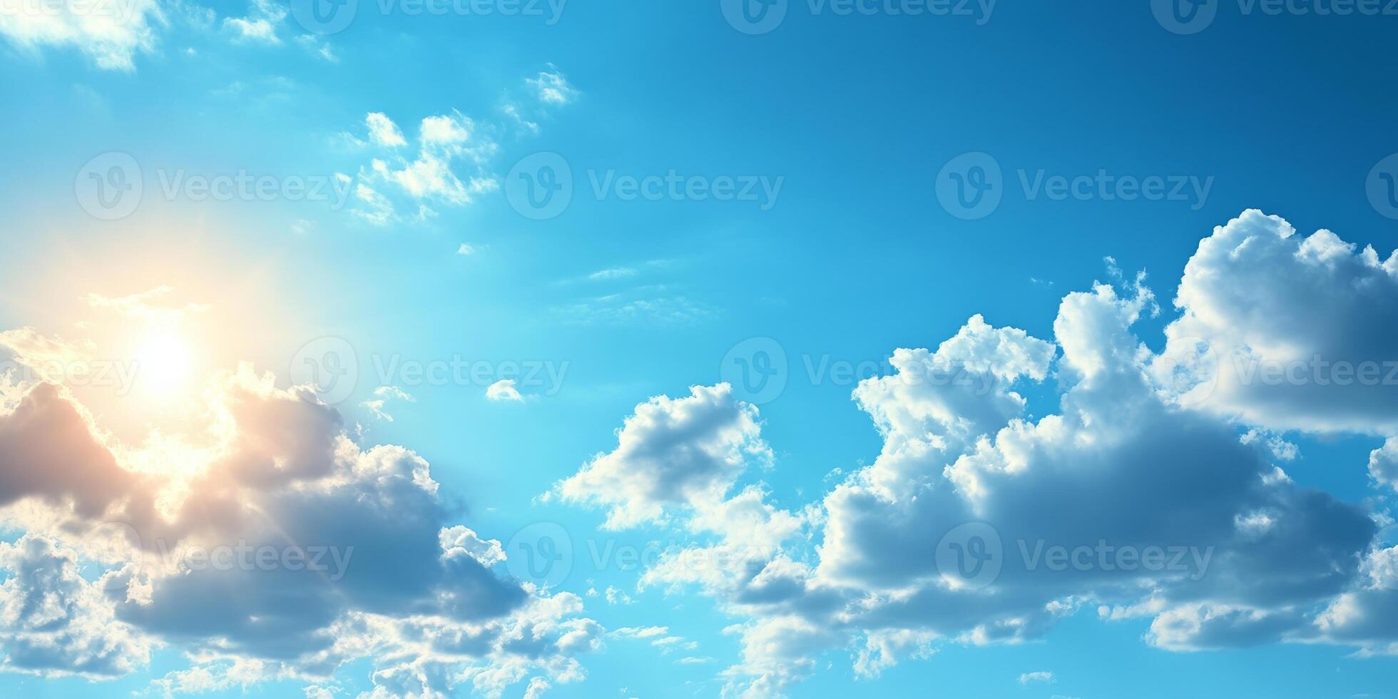 A serene and captivating view of an endlessly bright blue sky adorned with fluffy white clouds and uplifting rays of sunlight, creating a truly peaceful and picturesque atmosphere that inspires awe photo