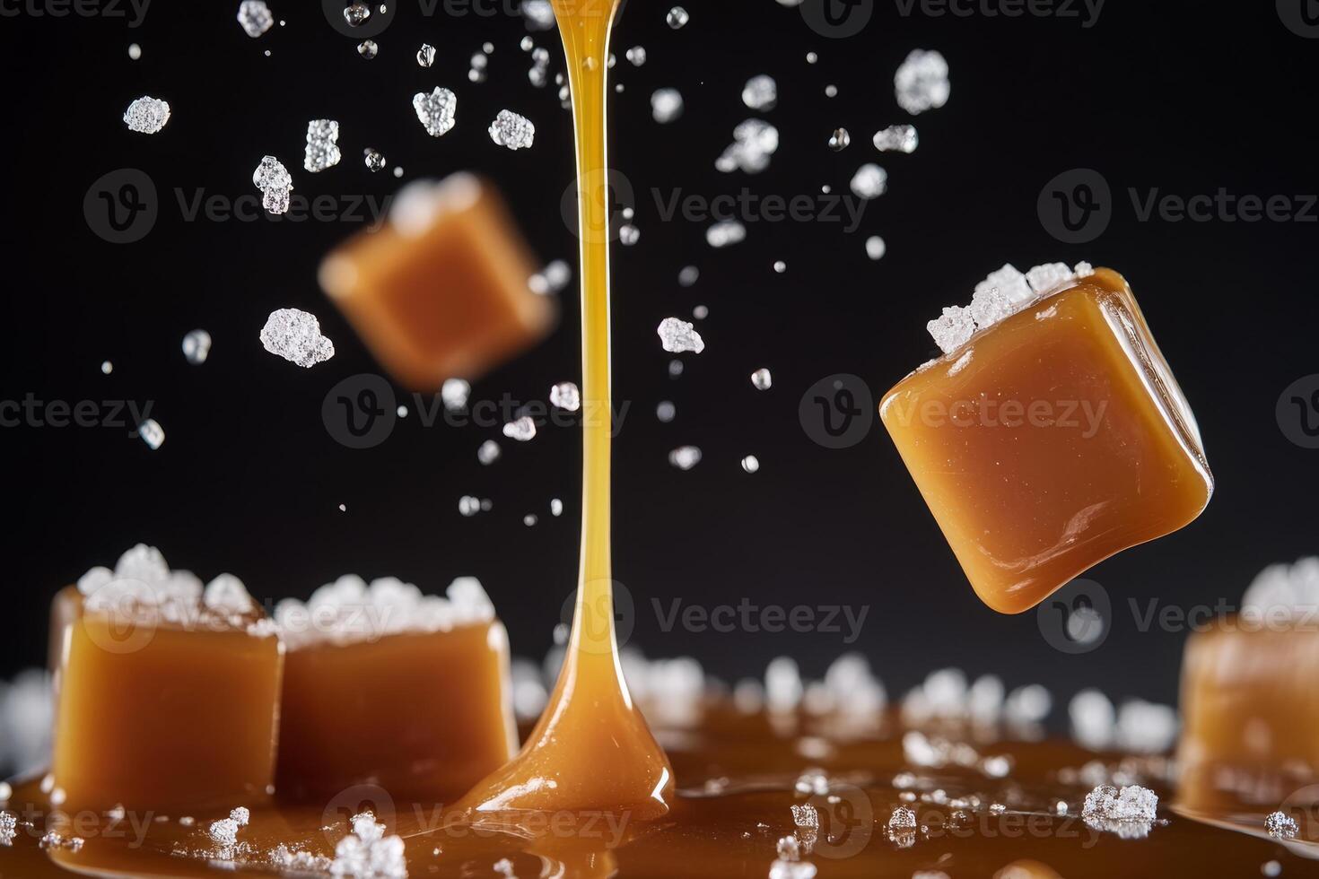 This stunning capture features colorful caramel cubes arranged with decadent molten sauce and a sprinkle of salt, showcasing the exquisite art of gourmet dessert creation at its finest photo