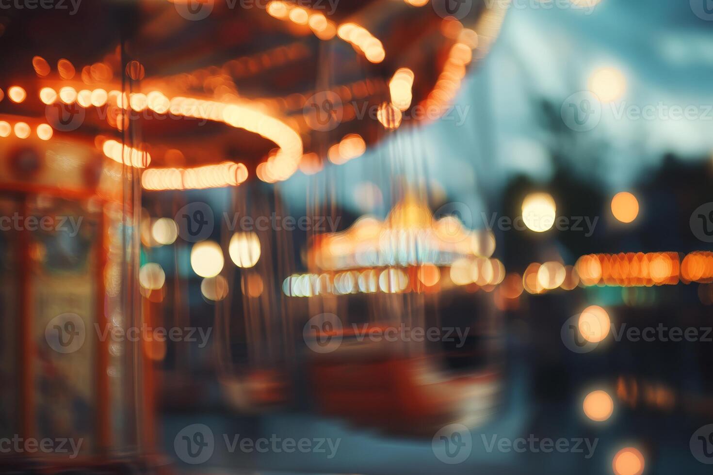 Imagine a whimsical scene with a blurred background of an enchanting amusement park carousel, illuminated by twinkling bokeh lights, evoking the charm of delightful evening festivities photo