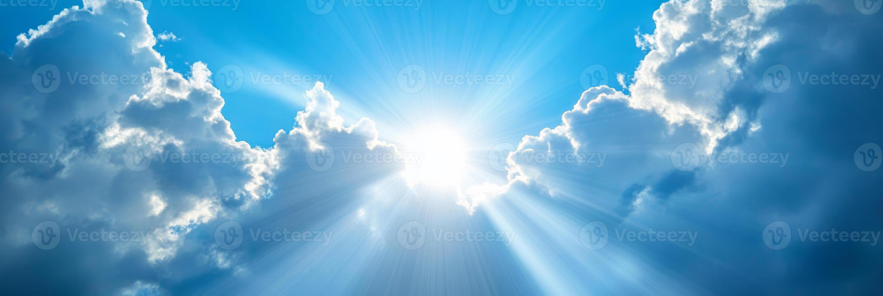 Imagine a serene landscape with sunlight breaking through clouds, illuminating vibrant blues and uplifting rays, inspiring joy and tranquility in your heart and soul, bringing bliss to your day photo