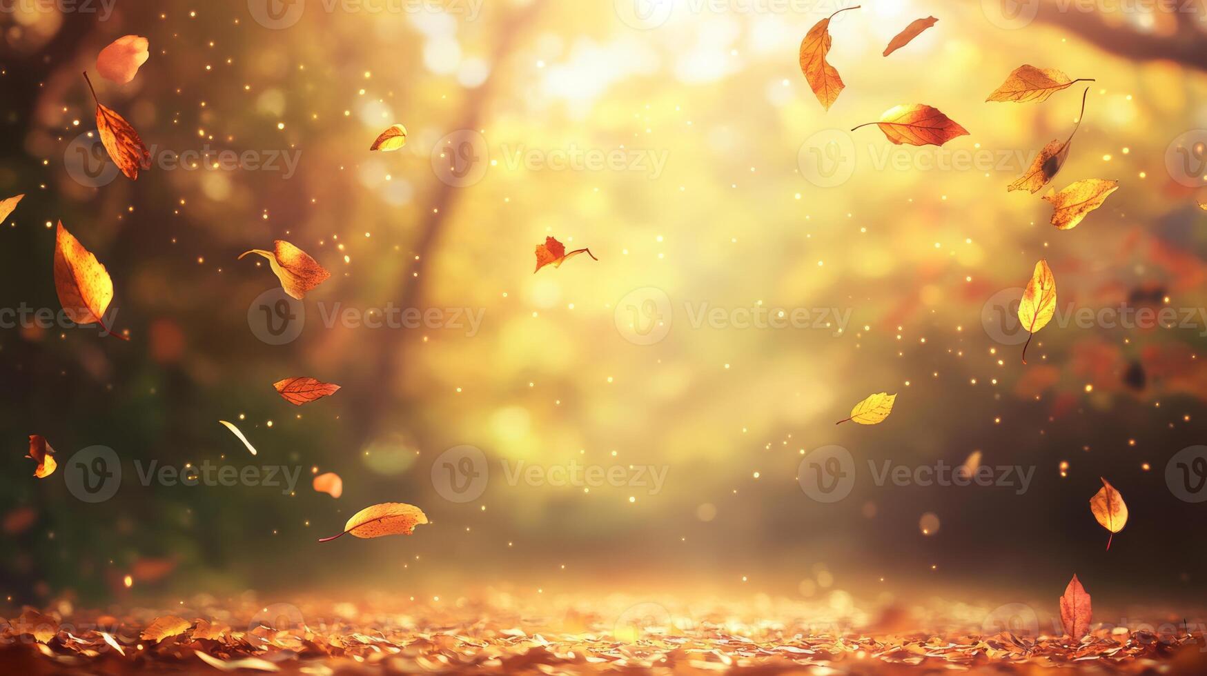 A picturesque autumn park filled with an array of vibrant orange and yellow leaves gently falling, capturing the true essence of natures seasonal beauty set against a bright sunny backdrop photo