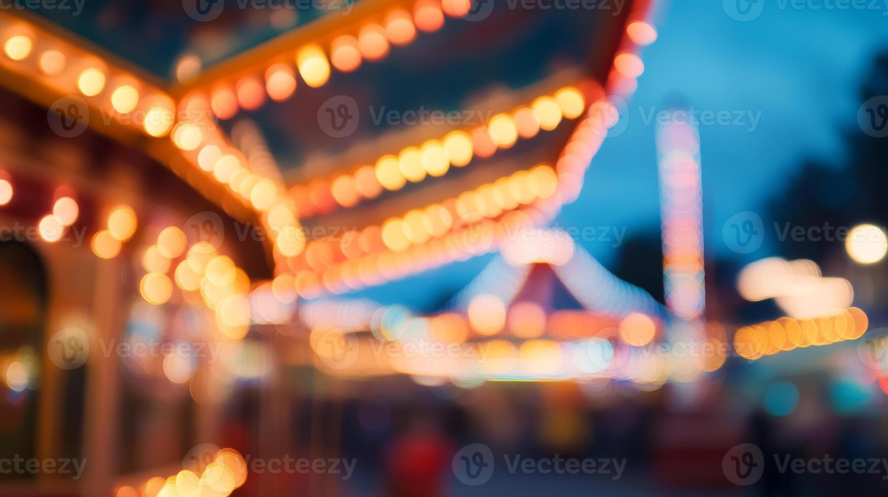 A beautifully blurred background shows a mesmerizing carousel with glowing bokeh lights, capturing the essence of fun and nostalgia in a charming amusement park where families create joyful memories photo