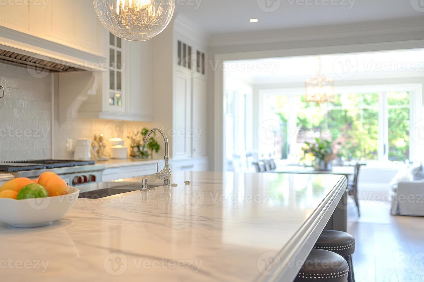 This bright and stunning kitchen features a sleek marble bench that exudes luxury, complemented by a cozy seating area in the background, creating an inviting modern atmosphere of comfort and style photo