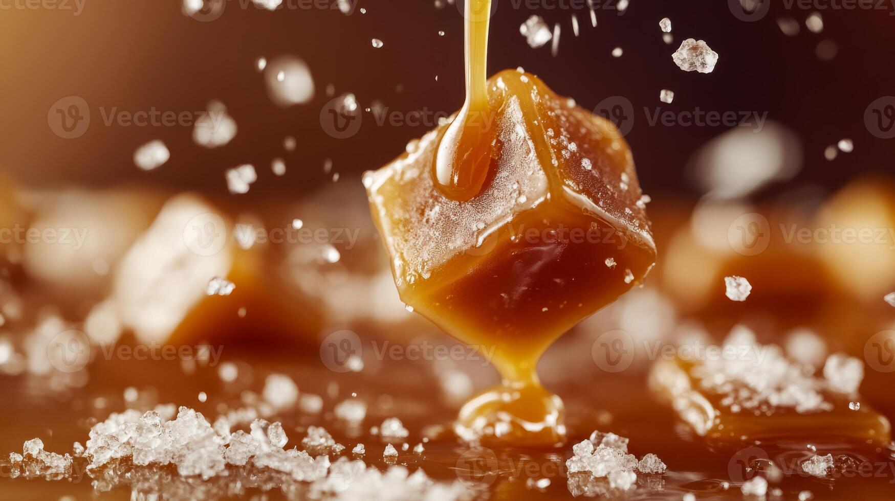 Imagine a delightful salted caramel cube perfectly placed on top of a luxuriously rich syrup, creating an indulgent dessert that melts right in your mouth, thrilling your taste buds with pure joy photo