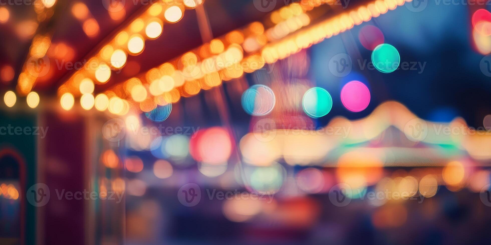 A beautifully blurred background of an amusement park carousel, which is filled with vibrant bokeh lights twinkling delightfully in the evening, creating a magical and festive ambiance photo