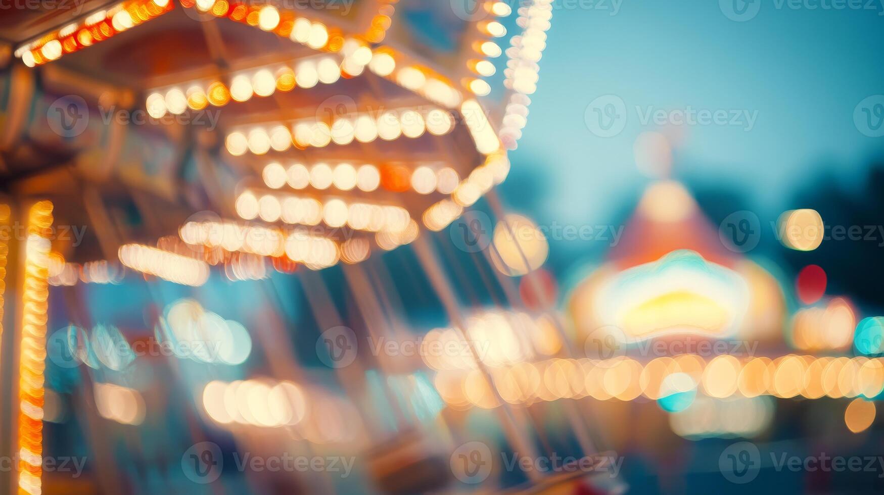 A vibrant and defocused image of a colorful carousel spinning in a lively amusement park, adorned with captivating bokeh lights that twinkle during the enchanting evening hours of the night photo
