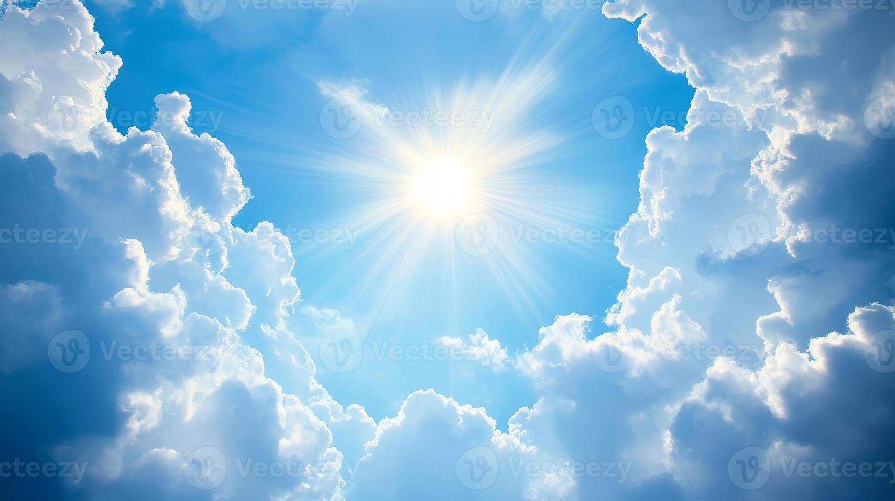 A breathtaking and stunning view of a bright summer sky filled with fluffy white clouds and radiant golden sunlight, creating a peaceful, tranquil, and uplifting atmosphere that invites admiration photo