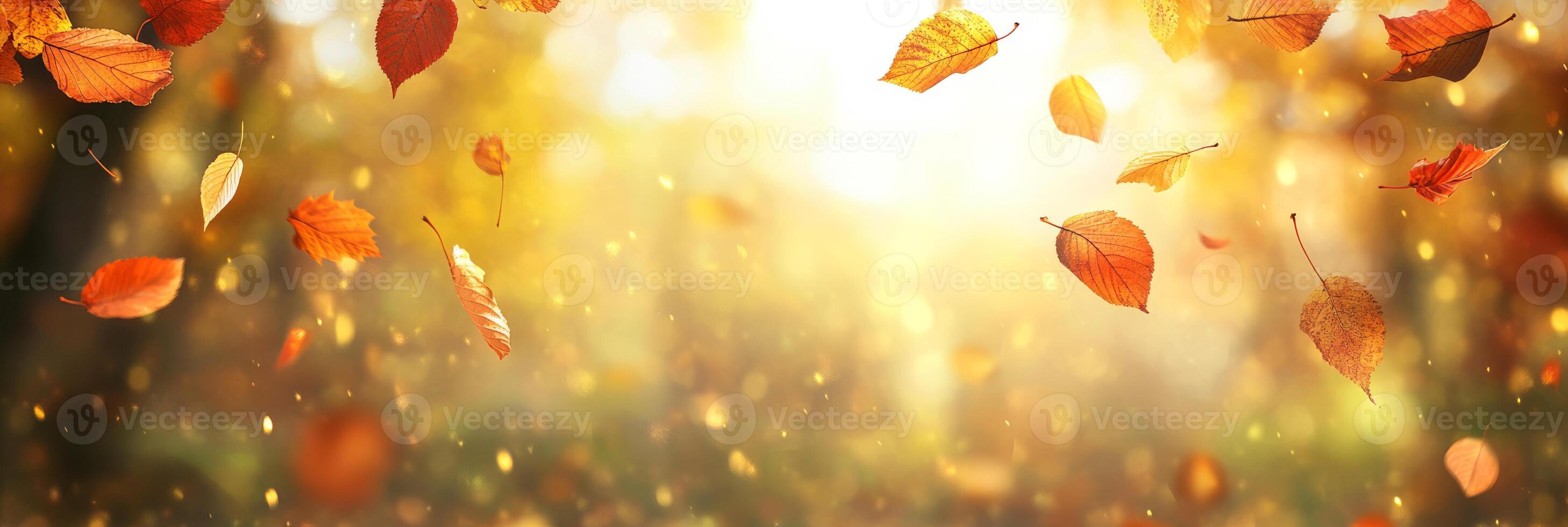 In a breathtaking autumn landscape, vibrant orange leaves gently fall in a sunny park, creating a warm and serene atmosphere that is absolutely perfect for all nature enthusiasts to enjoy photo