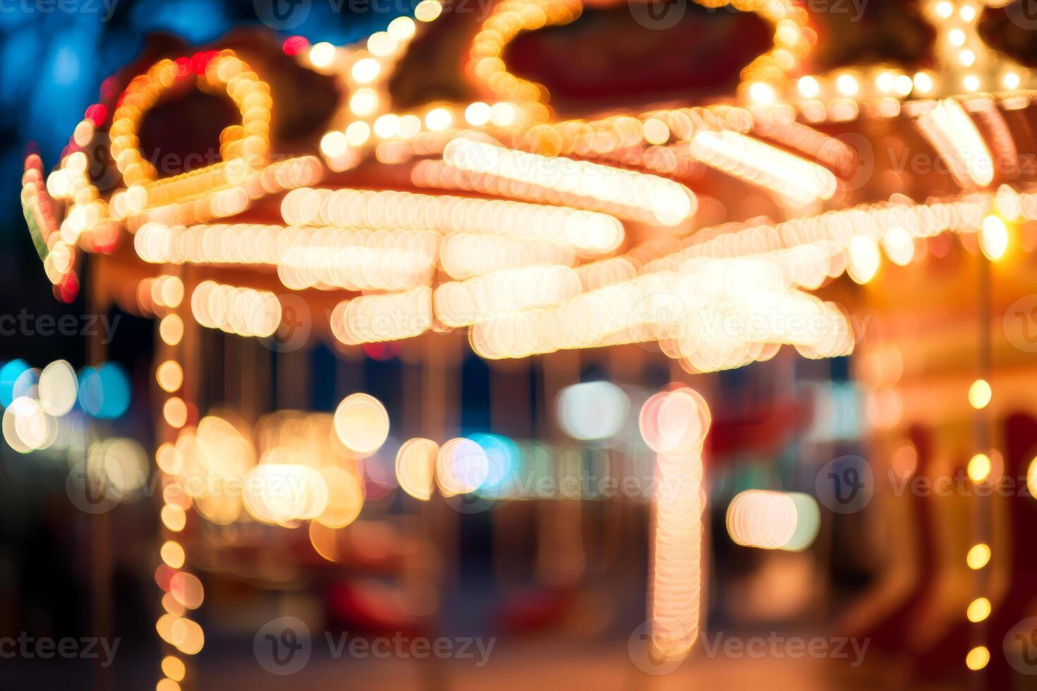 A blurred carousel surrounded by bokeh lights captures the enchanting atmosphere of a joyful amusement park evening filled with fun and excitement for all ages enjoying the festive vibe together photo