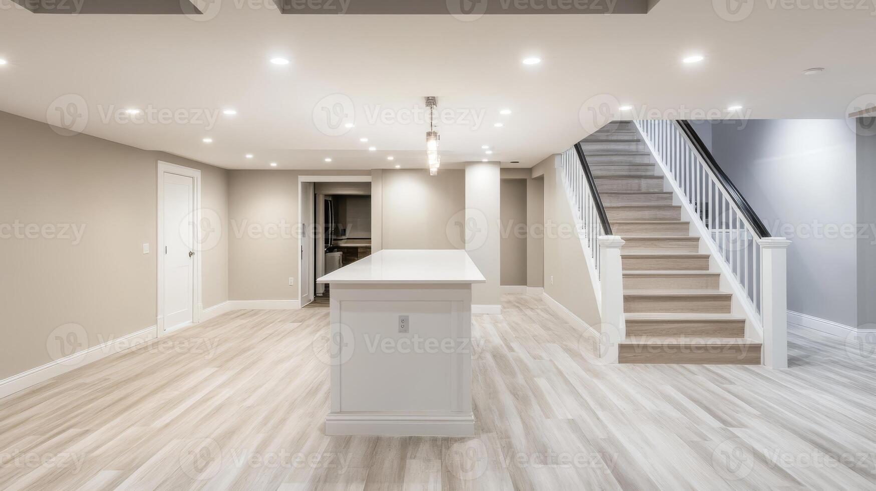 This stylish and spacious basement features a contemporary design with a pristine white countertop and an elegantly crafted staircase, creating an inviting space perfect for relaxation and comfort photo