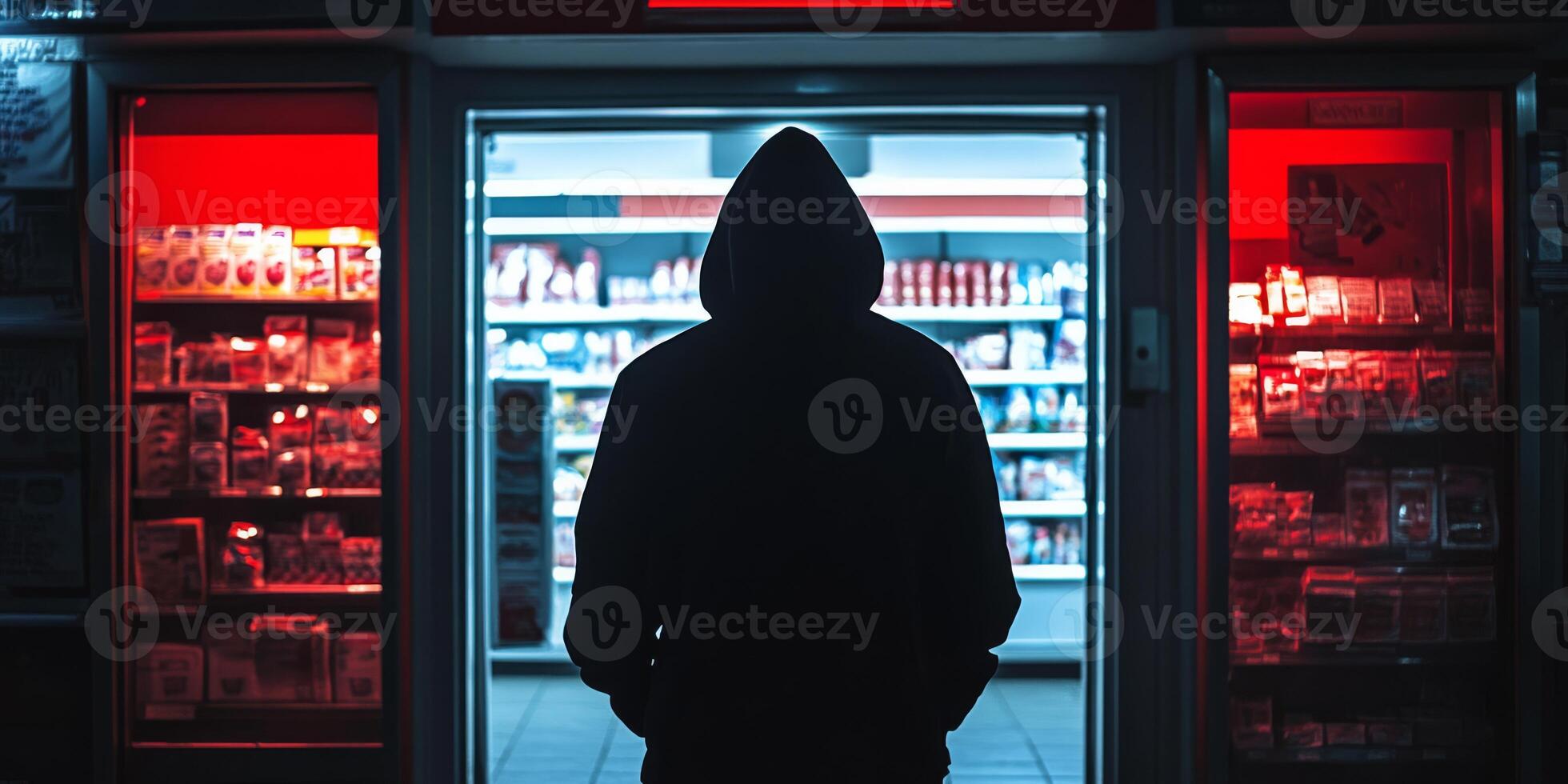 At a dimly lit convenience store, a hooded figure stands still in the shadows, illuminated by contrasting red and blue lights, creating an overwhelming sense of intrigue and tension photo