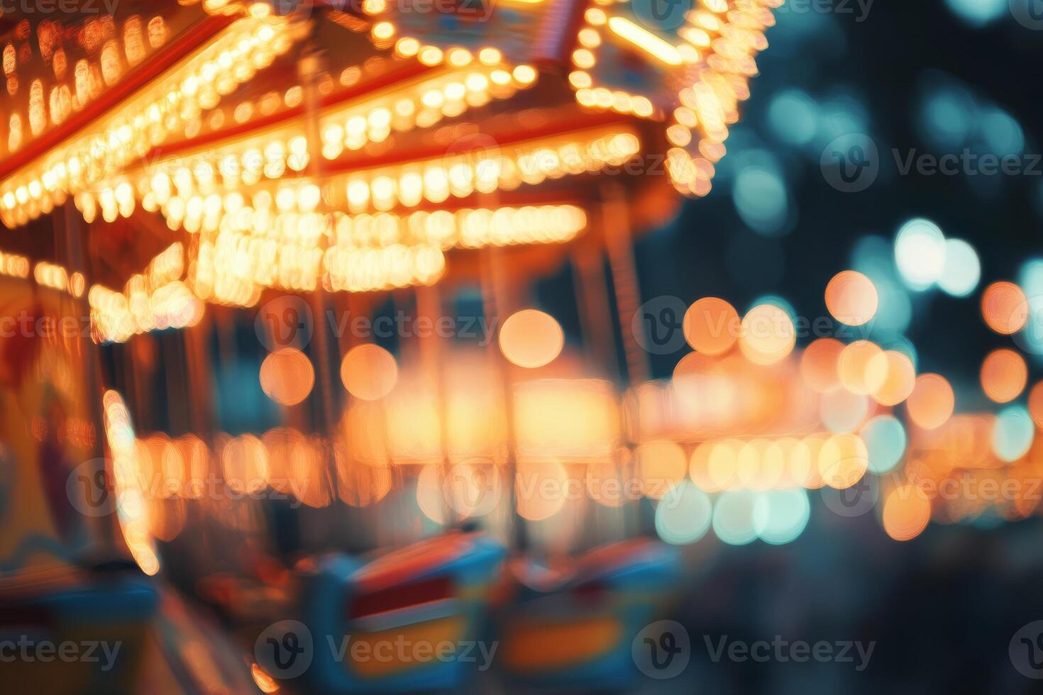 A wonderfully blurred carnival scene unfolds, showcasing a beautifully designed carousel that is adorned with sparkling lights, which together create a warm and inviting atmosphere for the evening photo