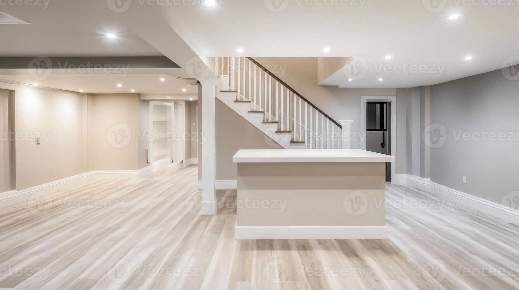 This modern basement boasts an open layout with a stunning white countertop and an elegant staircase, creating a warm and inviting atmosphere ideal for recreation, entertainment, and relaxation photo