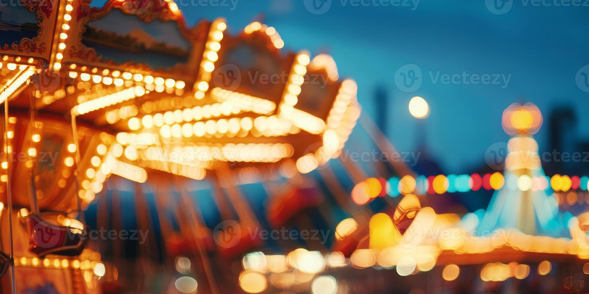 A blurred, enchanting evening scene of a charming carousel at an amusement park, adorned with vibrant bokeh lights, creating a magical atmosphere that captivates the senses and evokes warm feelings photo