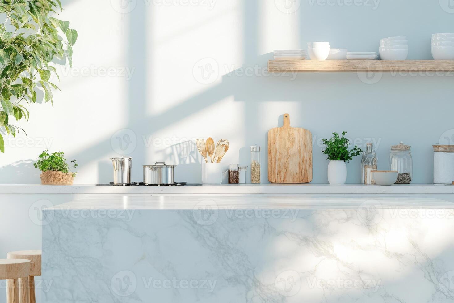 This contemporary kitchen offers a bright ambiance with a marble countertop and modern decor, complemented by green plants and innovative utensils, creating an inviting space for cooking photo
