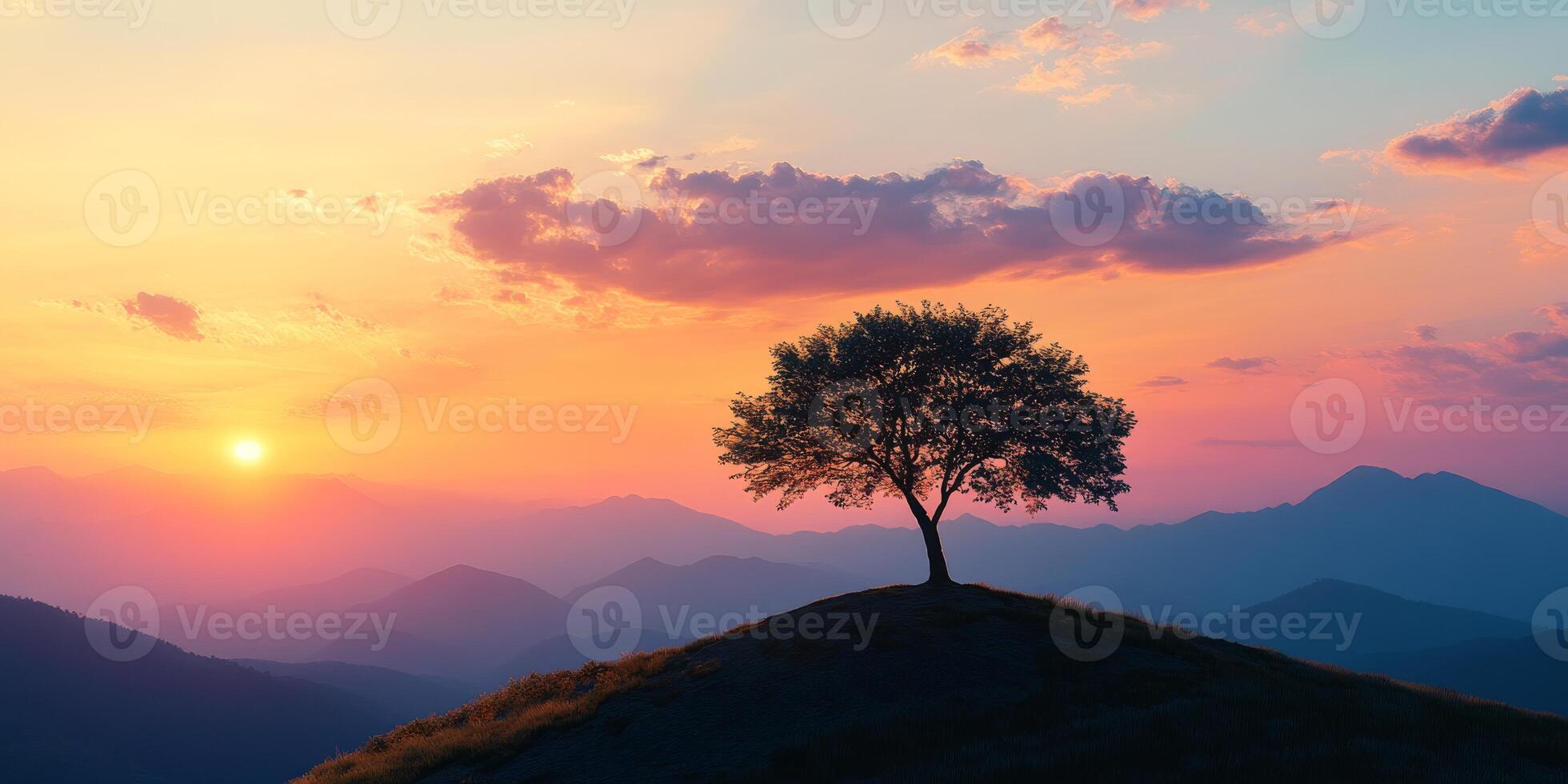 Imagine a tranquil sunset view with a solitary tree on a gentle hill, vibrant skies, and distant mountains, creating a serene rural landscape that calms the soul and invites nature exploration photo