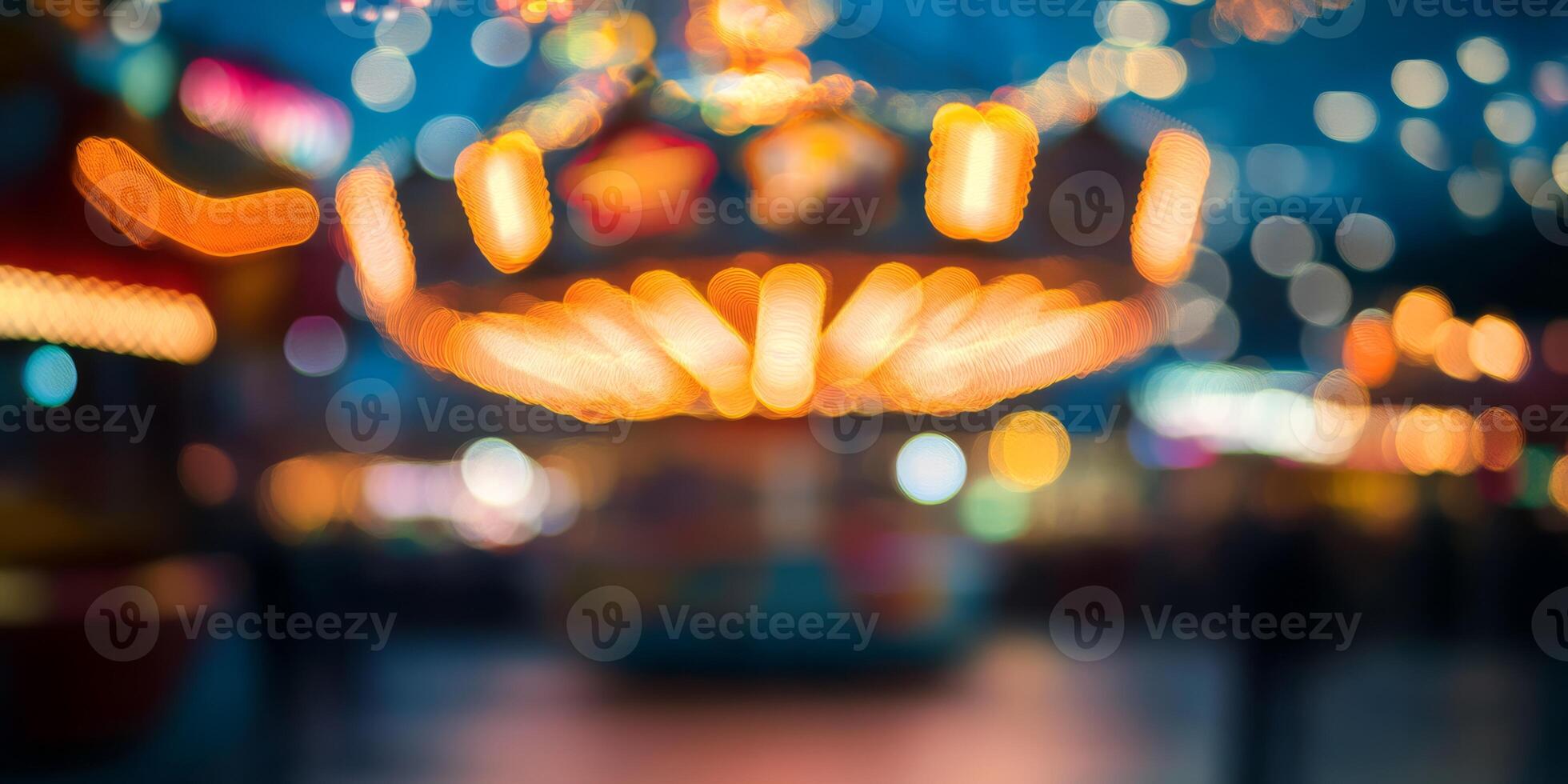 The scene features a blurred background of a colorful carousel at an amusement park, enhanced by bokeh lights, creating a magical atmosphere that captures joy and invites festive fun for all ages photo